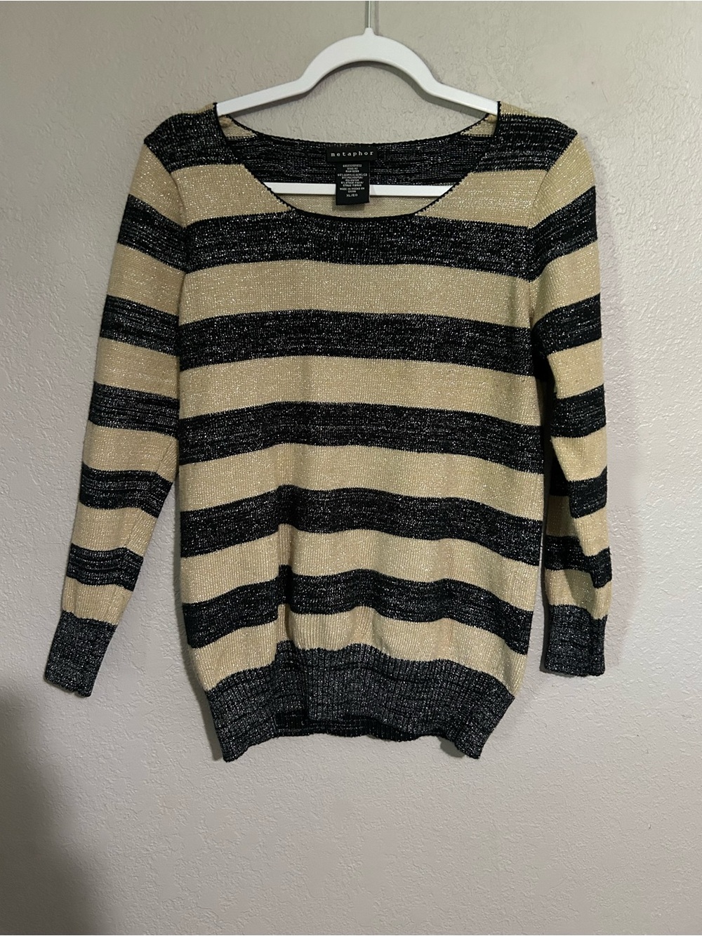 Metaphor Black and Cream Striped Scoop Neck Sweater with Metallic Thread